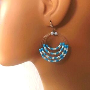 Handcrafted Blue White Multi Strand large hoop beaded Hanging drop earrings